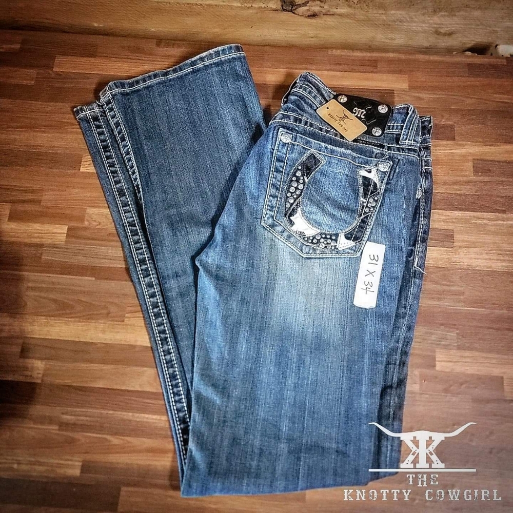 Miss Me Cowhide Horse Shoe Boot Cut Jeans